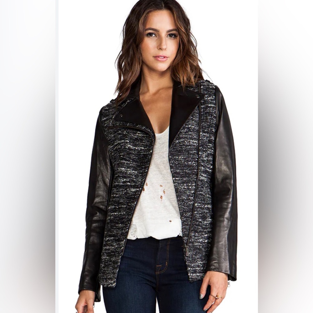 Soia and Kyo Fayola Black Leather/ Wool funnel neck Zip Coat Jacket. Sz XS NWT‎